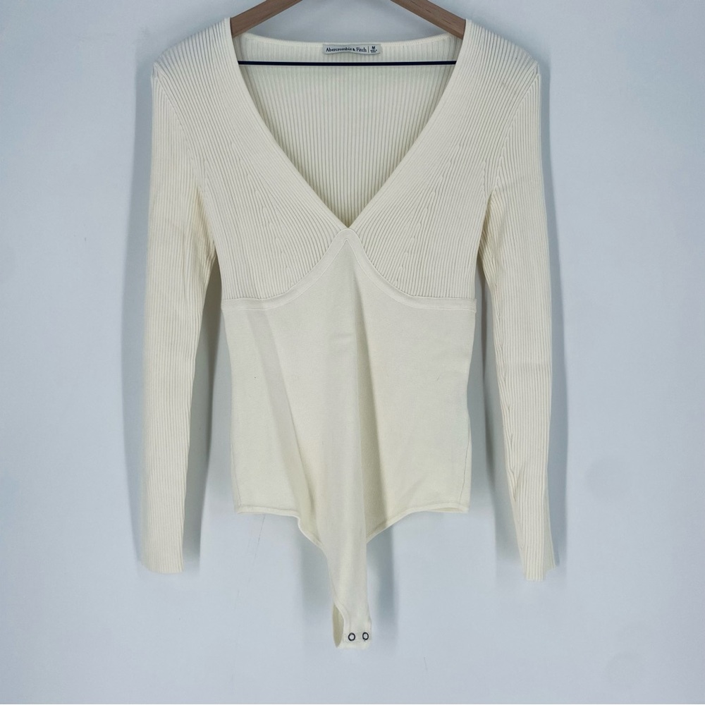 Abercrombie & Fitch Cream Ribbed Long Sleeve Bodysuit